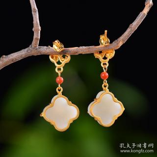 925银镶嵌和田玉珐琅四叶草耳坠